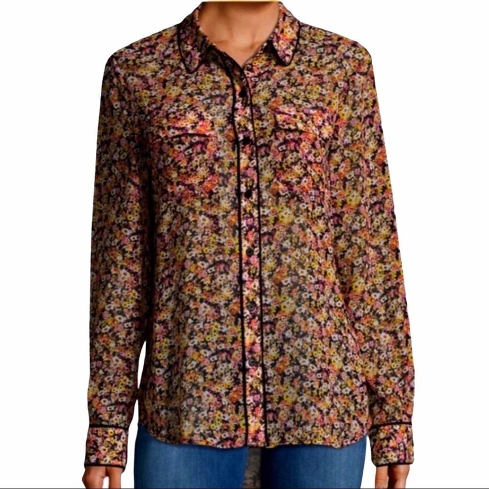 Brown Floral Long Sleeve Button Up Blouse Medium Isaac Mizrahi NWT